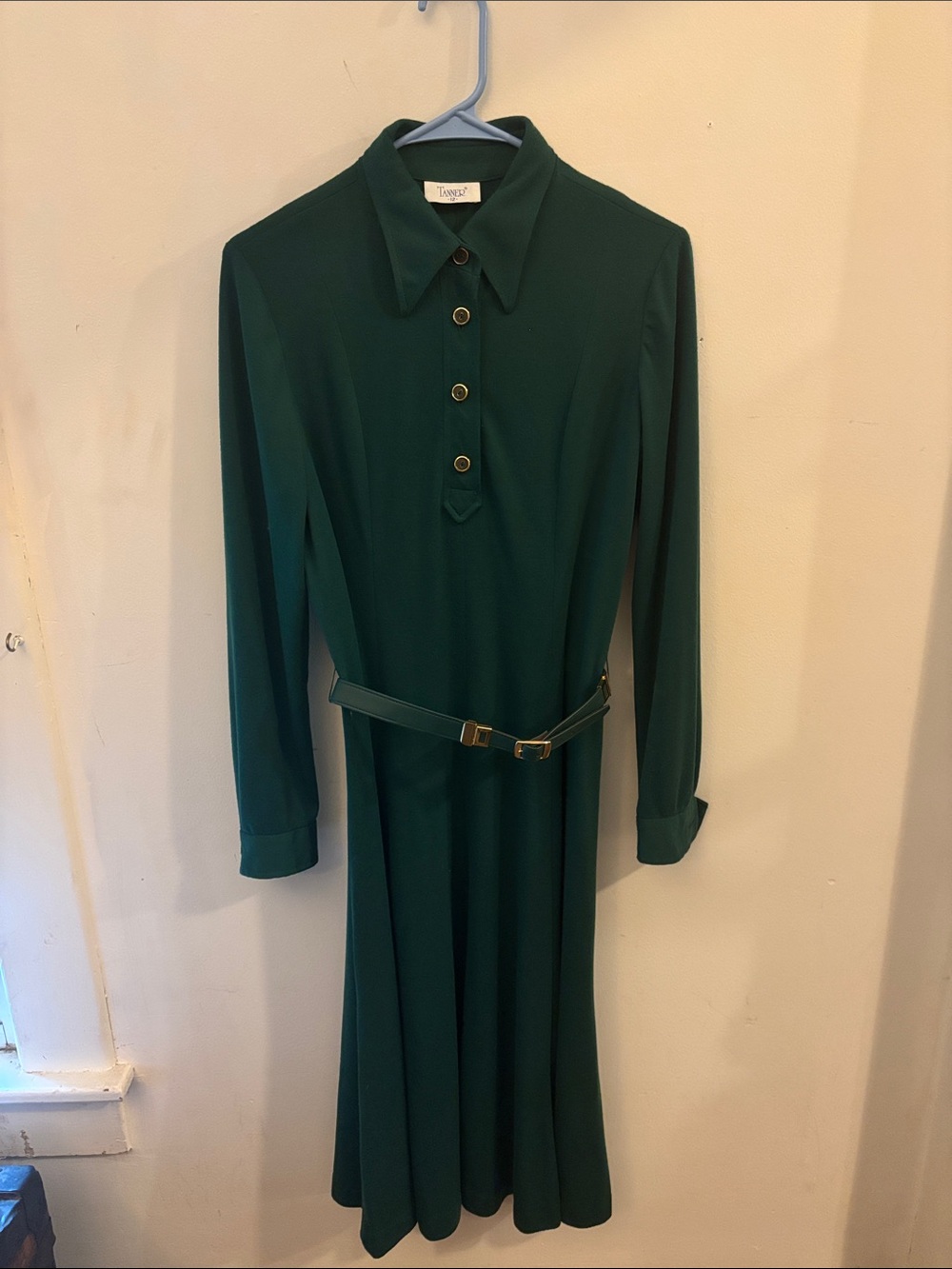 Vintage 1960/1970’s Tanner Forest Green Shirt Waist Midi Dress With Belt EUC